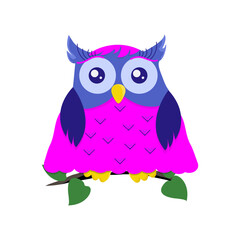 Cute colorful blue owl in dress sits on a tree branch. One from the collection for kids. Vector illustration