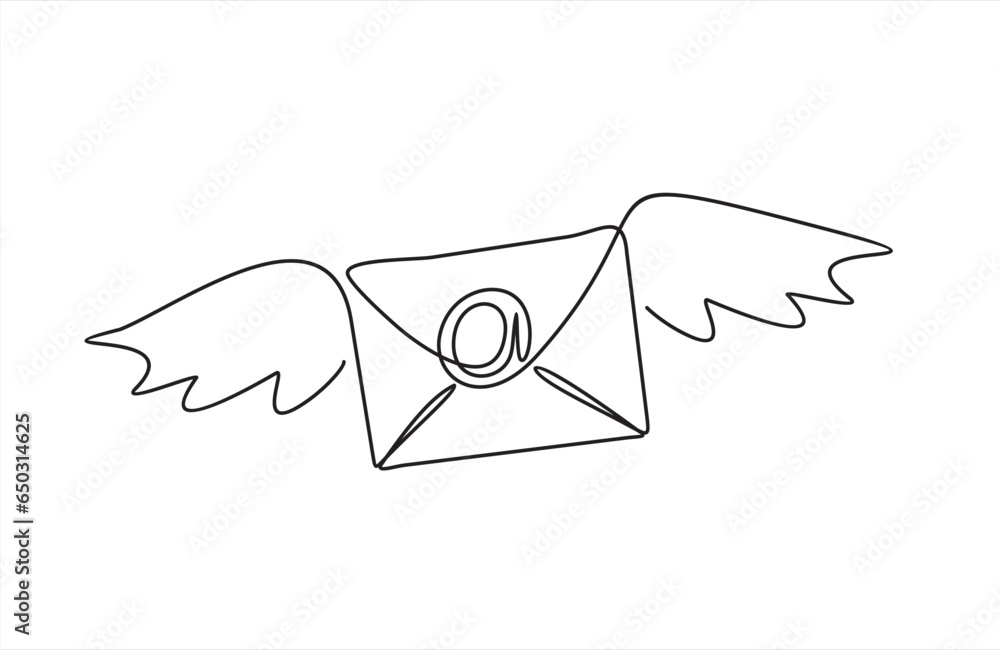 Poster continuous one single line drawing of envelope with wings. mail delivery concept.