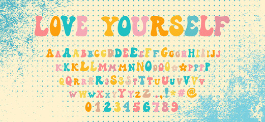 Retro style font alphabet. Groovy font. Hippie doodle typography. Groovy alphabet letters, numbers, punctuation marks. 60s groovy font. Retro cartoon alphabet. Vintage grunge hippie background.