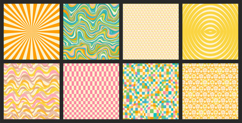 Groovy backgrounds set. Retro groovy collection. 60s and 70s groovy style. Hippie backgrounds. Psychedelic funky. Y2k trendy style. Nostalgia for the 70s.