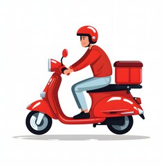 Flat vector of delivery man riding on a red scooter