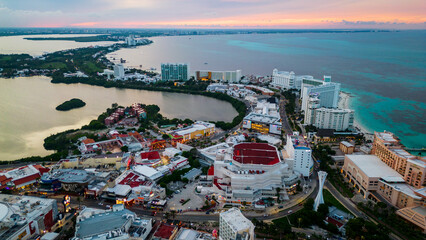 Aerial Cancun Mexico Riviera Maya travel destination hotel zone district drone sea tropical white...