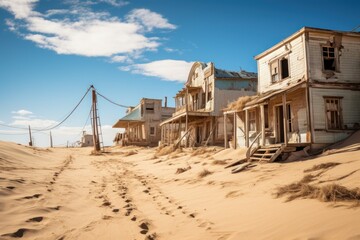 Town of Kolmanskop during the diamond mining heyday. Generative AI.