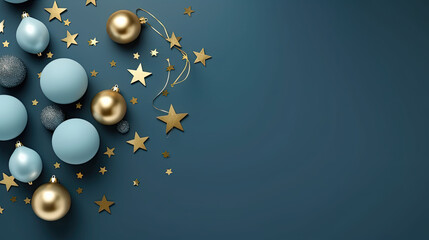 Weihnachtlicher Hintergrund / Wallpaper mit Christbaumkugeln und Sternen (Hintergrund dunkel, Sterne Kugeln Gold, Silber, Hellblau)