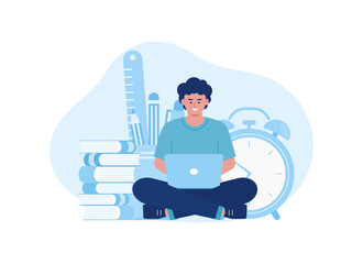 Time to learn. Students are sitting and studying using laptops concept flat illustration