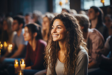 Mixed race smiling woman portrait. Group of people practicing yoga in hall	
