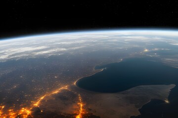 Fototapeta na wymiar 宇宙から見た地球：日の出と都市の明かり、宇宙空間、雲、海洋、大陸が見える