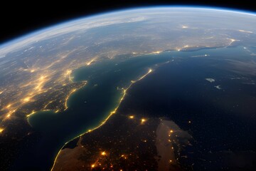宇宙から見た地球：日の出と都市の明かり、宇宙空間、雲、海洋、大陸が見える