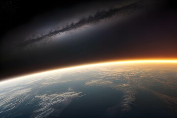宇宙から見た地球：日の出と都市の明かり、宇宙空間、雲、海洋、大陸が見える