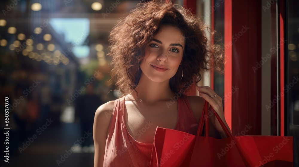 Wall mural Happy young woman with shopping bags walking in the mall on Black Friday for shopping.