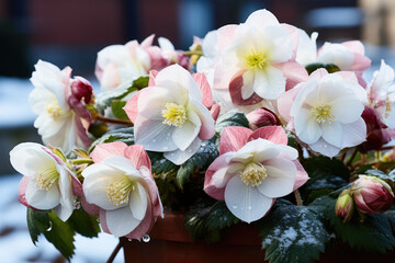 Pink white Christmas Rose Helleborus Flowers with snow in garden, close up, Hellebore winter  Rose blooms - obrazy, fototapety, plakaty
