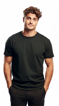 Modelo masculino em uma camiseta cl&aacute;ssica de algod&atilde;o preta sobre fundo branco