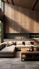 Details of fabulous living room modular sofa with wooden details, luxurious furnishings and natural light