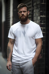 Male model in a classic white cotton T-shirt on a city street, Generative AI