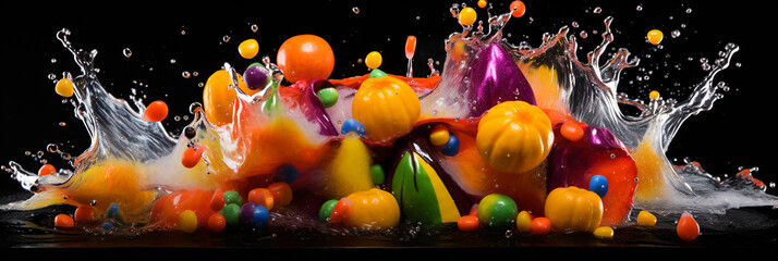 Obraz na płótnie Canvas Trick - or - Treat Candy Explosion: Splashes of vibrant colors resembling candy corn, M& Ms, and other Halloween treats, ultra - high - speed photography