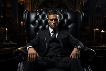 Fototapeta na wymiar handsome and successful businessman sits in a leather armchair