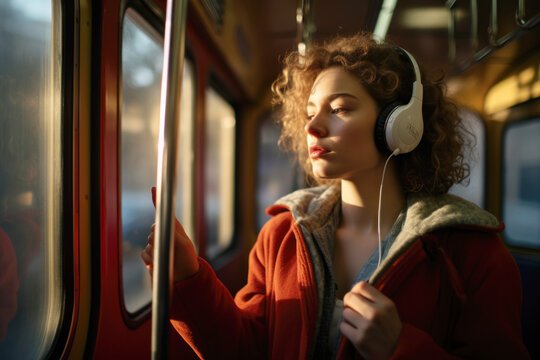 Passenger woman with earphones listening to the music online on phone while riding the tram