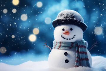 Fototapeta premium Happy snowman with abstract bokeh