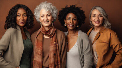 
Portrait of mixed age multiethnic women looking at camera isolated on brown background