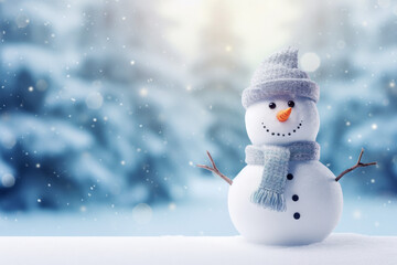 Happy snowman with abstract bokeh