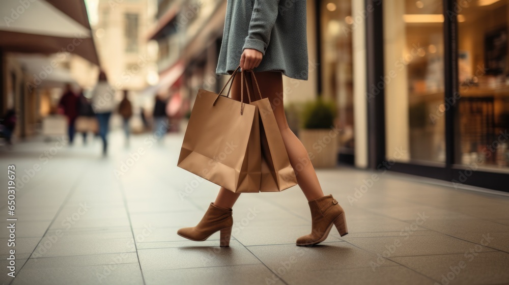 Wall mural Young woman with shopping bags walking in the mall on Black Friday for shopping.