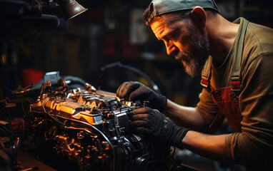 Fototapeta na wymiar A man fixing an engine in his garage. Generative AI