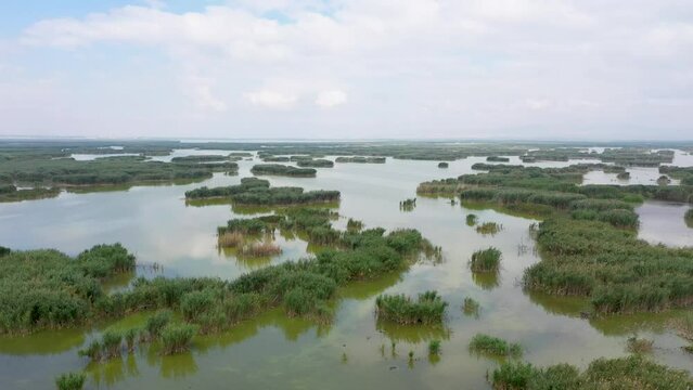Aerial view of Eber Lake, one of the natural beauties of Afyonkarahisar, from a drone.