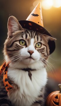 Adorable image of mischievious cat donning a witch hat