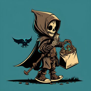 recommend clip art: comic book style line art full color clean lines trickortreat full body male kid reaper holding a bag full of candy 