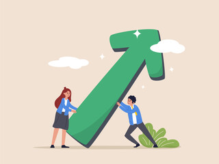 Teamwork effort concept. Help growing business, resistance or support for business growth, cooperation to improve and raising performance, business team members help push arrow rising up graph.