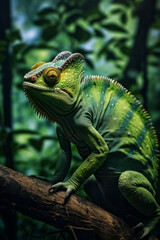 Obraz premium Chameleon sitting on a branch in the rain forest