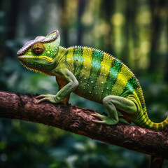 Chameleon sitting on a branch in the rain forest