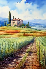 Fototapeta na wymiar Detailed Watercolor Painting of Tuscan Landscape, Generative AI