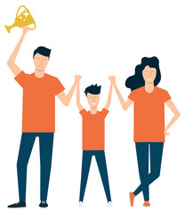 Obraz premium The family team won the gold cup. Dad, mom and son are happy together. illustration