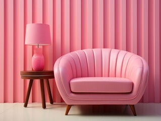Modern living room with pink chair against a colorful wall generative ai