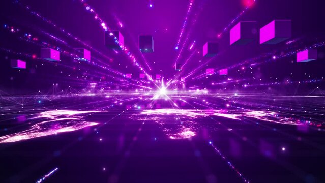 Decentralized digital technology concept of blockchain. Small particle square boxes connecting abstract world map polygons on a dark pink background. 3d rendering.