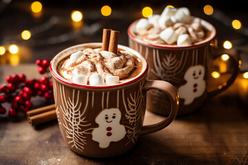 A mug with hot chocolate with melt marshmallo and snowman for topping, seasonal drink