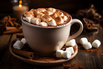 A mug with hot chocolate with melt marshmallo and snowman for topping, seasonal drink