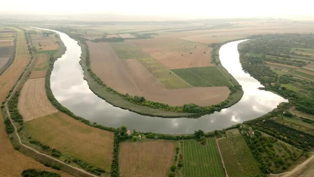 Drone footage of a lake in a Vojvodina flatland