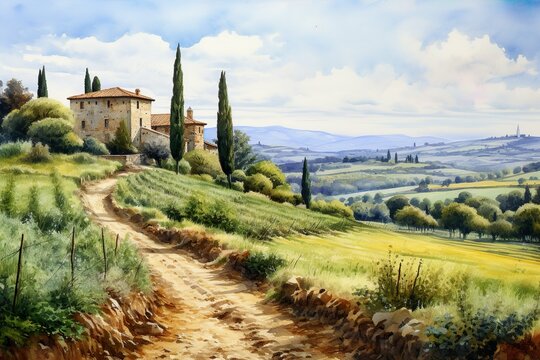 Detailed Watercolor Painting of Tuscan Landscape, Generative AI