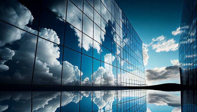 Reflected buildings with window glass reflects the blue sky and white clouds background and business office, Ai generated image