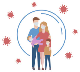 Protect measures against virus. Protective medical mask on family members. Stop coronavirus pneumonia infection.  illustration.