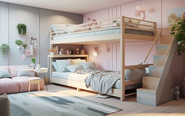 Modern teen bedroom featuring a custom-made with bunk bed, cozy and efficient. Generative AI