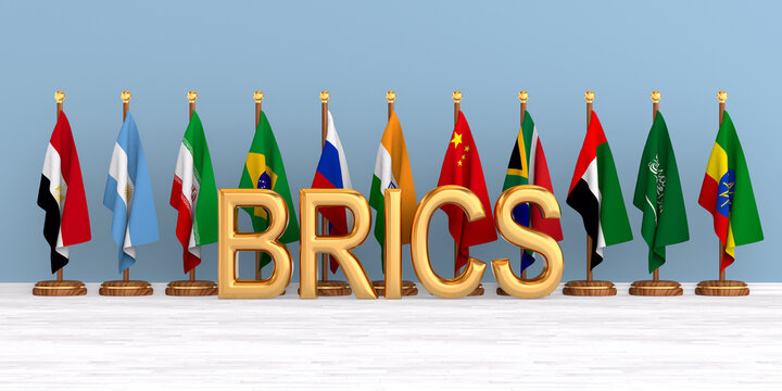 Set flags BRICS in room. 3D illustration