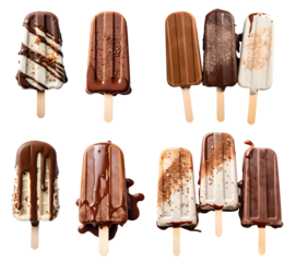 Chocolate dipped covered popsicle lolly ice cream on transparent background cutout. PNG file. Many assorted different flavour. Mockup template for artwork design

