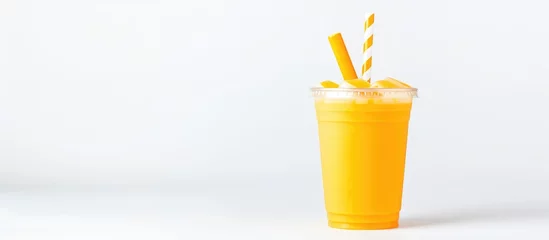 Foto op Plexiglas Isolated white background with fresh orange juice in a glass © AkuAku