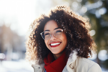 Portrait of happy young woman wearing glasses outdoors	