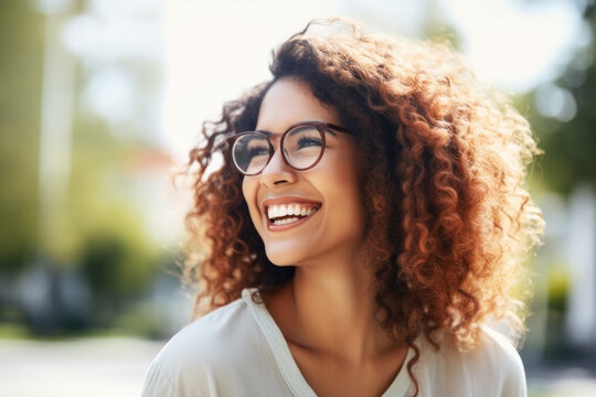 Portrait of happy young woman wearing glasses outdoors	