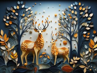 Modern living room with 3D dark gold deer forest on the wall generative ai