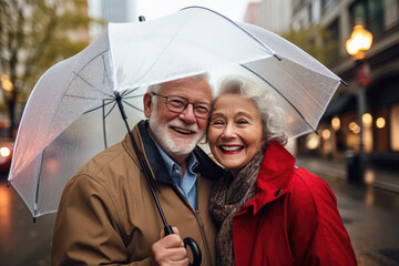 Happy senior smiling and cute couple with umbrella on the walk in Manhattan, rainy day